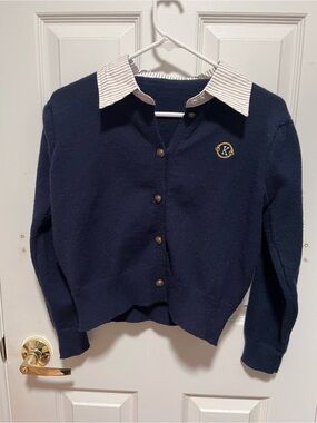 Navy Knit Button-Up Cardigan with Embroidered Crest